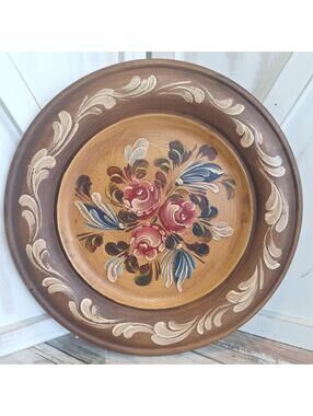 11.5" Floral Hand Painted German Wooden Plate Vintage Artwork w/ Wall Hook